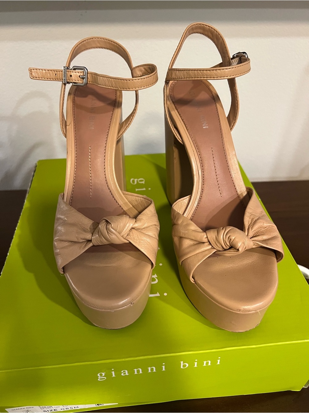 Gianni Bini Beige Knotted Platform Sandals with Ankle Strap